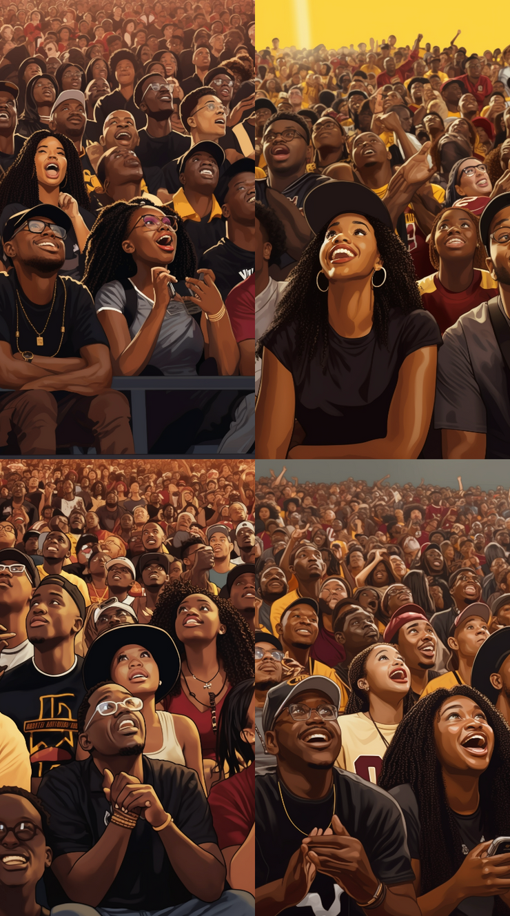 We used AI to generate this image. This is what we typed "/imagine African American students at a Historical Black College and University at a football game in the stands, light, school colors, joyful, happy, proud, zoom out, realistic animation, stylize 50, Ronalds Wimberly, internet-inspired --ar 9:16". Check out our inspiration photo and some of the other variations AI gave us. Let us know if we made the right choice?