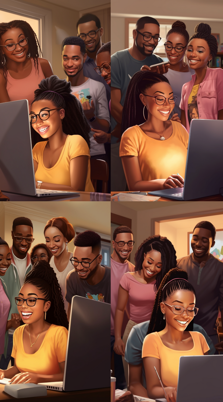 We used AI to generate this image. This is what we typed /imagine "the style of nene Thomas, video, Ronald Wimberly, realistic animation, African American college woman, sitting in front of a computer to see accepted into college, father, mother, sibling, grandparents standing around joy, happy, hbcu, stylize 50, internet-inspired, --ar 9:16" Check out our inspiration photo and some of the other variations AI gave us. Let us know if we made the right choice?