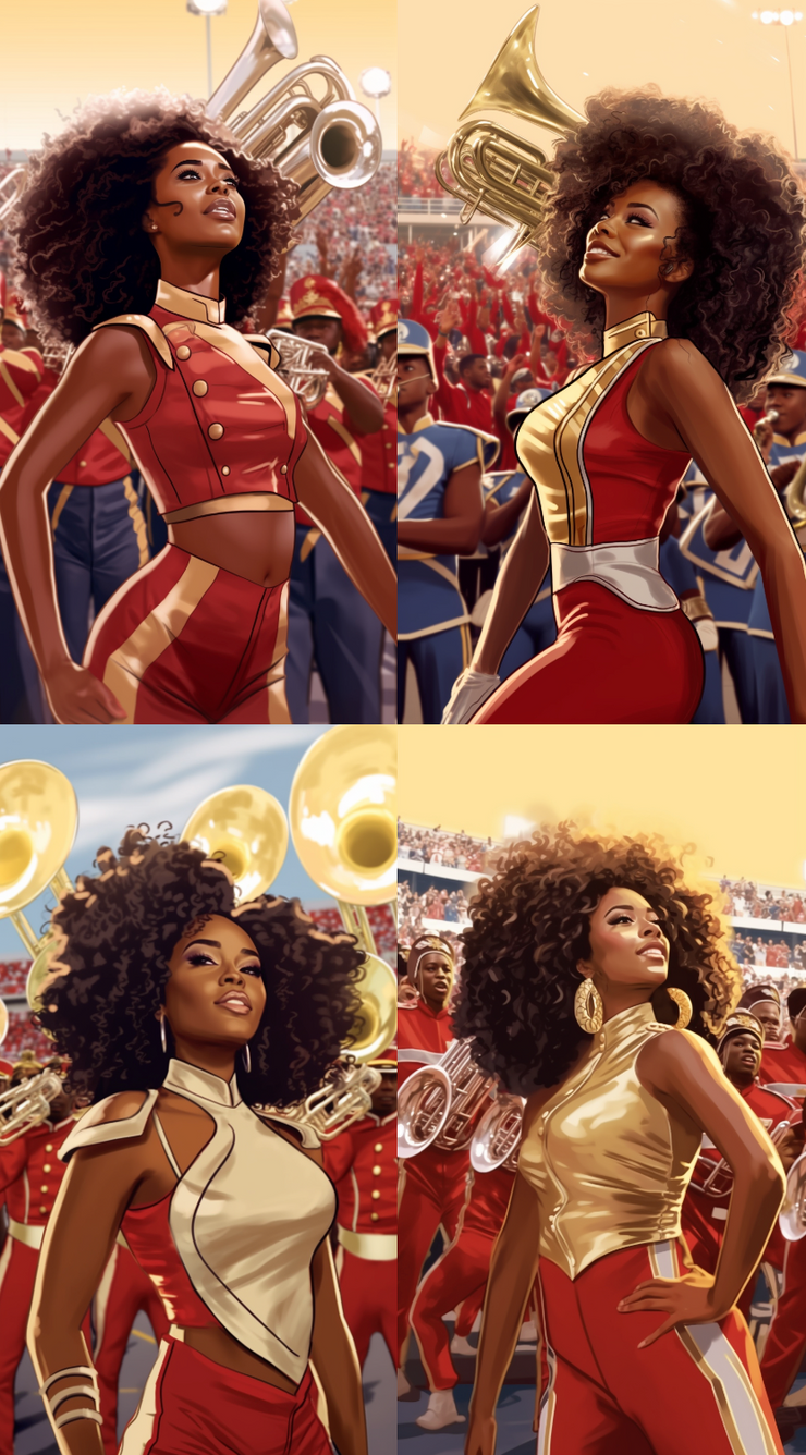 We used AI to generate this image. This is what we typed "/imagine realistic animation, stylize 50, Ronalds Wimberly, internet-inspired a classy sexy majorette dancing in front of the band at a football game, HBCU, African American --ar 9:16 " Check out our inspiration photo and some of the other variations AI gave us. Let us know if we made the right choice?